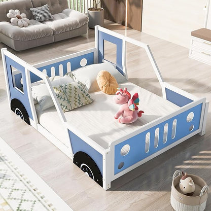 Full Size Classic Car-Shaped Platform Bed with Wheels,Wooden Floor Bedframe W/Door Design,Fun Play Toy Car Furniture for Boys Kids Toddlers Child's Bedroom,Blue - LeafyLoom