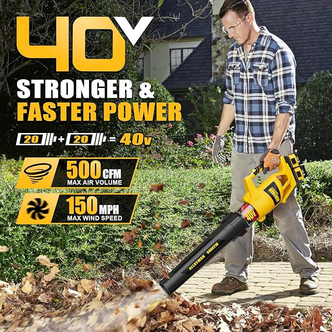 ALLOYMAN 40V Max Cordless Leaf Blower,500CFM Dual Battery Driven Blower with 2 * 4.0Ah Batteries & Fast Charger,2 Variable Speed Lightweight Battery Powered Leaf Blowers for Lawn Care/Snow Blowing - LeafyLoom