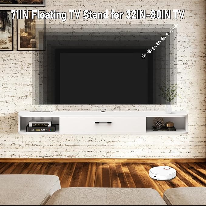 Floating TV Unit, 71'' Wall Mounted TV Cabinet, Floating Shelves with Door, Modern Entertainment Media Console Center Large Storage TV Bench for Living Room & Office (70.86IN, White) - LeafyLoom