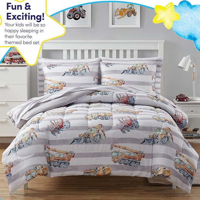 Kids Bedding Set Bed in a Bag for Boys and Girls Toddlers Printed Sheet Set and Comforter , Twin, Trucks - LeafyLoom