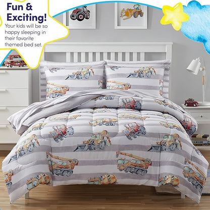 Kids Bedding Set Bed in a Bag for Boys and Girls Toddlers Printed Sheet Set and Comforter , Twin, Trucks - LeafyLoom