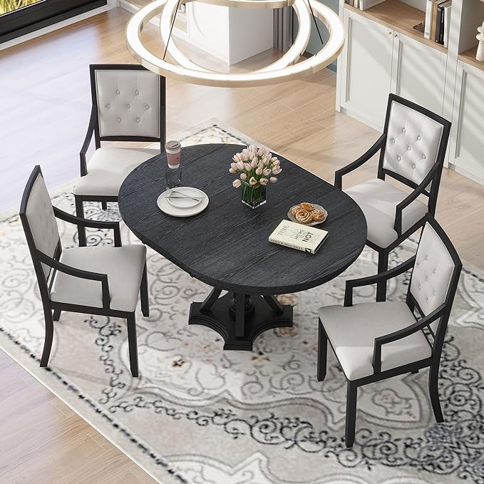 5-Piece Retro Elegant Extendable Round Dining Table Set with 4 Curved Armrest Upholstered Chairs for Kitchen, Breakfast Nook, Living Room, Oak, 42"-58" L x 42" W x 30" H, Black(Armchairs) - LeafyLoom