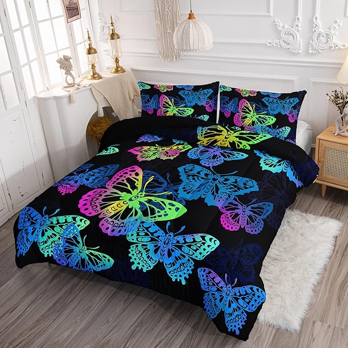 Axolotl Colorful Butterflies Bedding Set,Twin Size Kids Bed Set,Gradient Butterfly Comforter Set,1 Quilt with 2 Pillowcases for Boys Girls Kids Teens Children Adults Room Decor All Season,Black - LeafyLoom