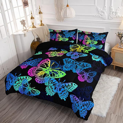 Axolotl Colorful Butterflies Bedding Set,Twin Size Kids Bed Set,Gradient Butterfly Comforter Set,1 Quilt with 2 Pillowcases for Boys Girls Kids Teens Children Adults Room Decor All Season,Black - LeafyLoom