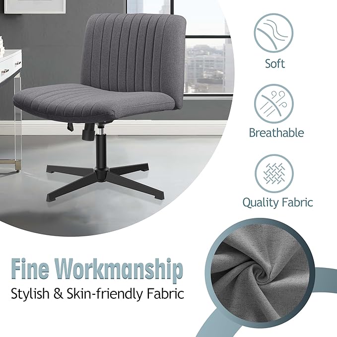 Armless Office Chair no Wheels, Ergonomic Wide Seat Swivel Desk Chair, Height Adjustable Cross Legged Comfortable Computer Chair for Living Room, Vanity Accent Chair Darkgray - LeafyLoom