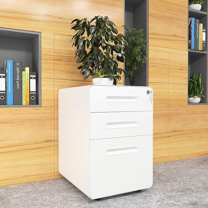 YITAHOME 3-Drawer Metal Mobile File Cabinet, Rolling Filing Cabinet with Lock, Filing Cabinet Under Desk fits Legal/A4 Size for Home/Office, Fully Assembled,White - LeafyLoom