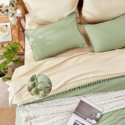 Anluoer Queen Comforter Set 7 Piece, Sage Green Bed in a Bag with Sheets, Pom Pom Boho Bedding Comforter Sets with 1 Comforter, 2 Pillow Shams, 2 Pillowcases, 1 Flat Sheet, 1 Fitted Sheet - LeafyLoom