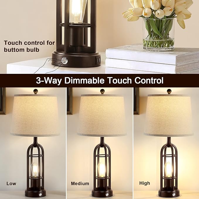 28.2" Table Lamps for Living Room Set of 2, Farmhouse Lamps for Bedroom, 3-Way Dimmable with Dual USB Ports, Touch Bedside Lamps for Nightstand, Bulbs Included - LeafyLoom