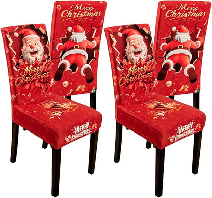 4PCS Christmas Dining Chair Covers Stretch Removable Washable Dining Room Chair Protector Slipcover 3D Print Santa Claus Deer Kitchen Chair Cover Slipcovers Protector for Xmas Holiday Party Home Décor CZL