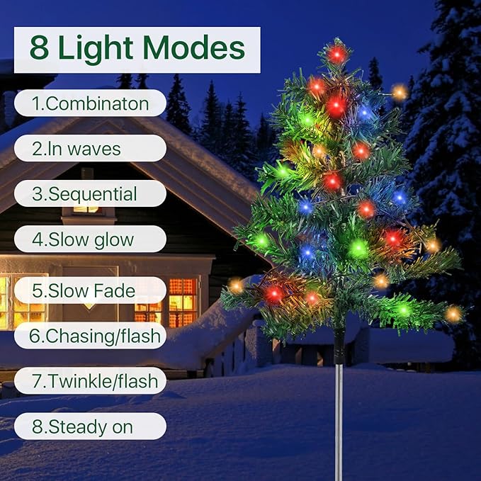 Outdoor Christmas Decorations 6-Pack Solar Christmas Tree with 8 Lighting Modes 120 Multi-Color Lights for House Outside Pathway Yard Garden Walkway Lawn Patio Front Porch Door Aovciust