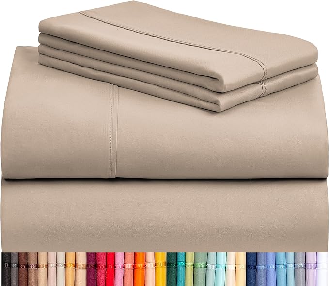 LuxClub Twin Sheets - Soft Twin Bed Sheets for Boys and Girls, 4 PC Deep Pockets 18" Eco Friendly Wrinkle Free Kids Fitted Sheets Machine Washable Hotel Bedding Silky Soft- Light Khaki Twin - LeafyLoom