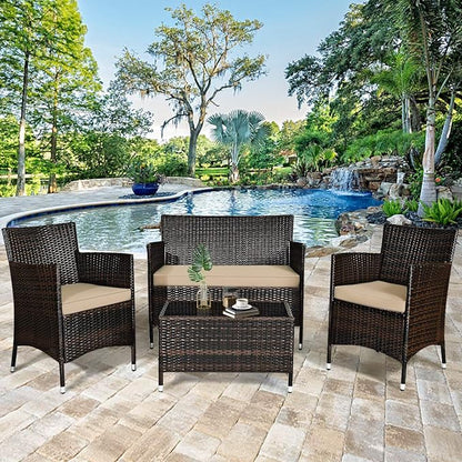 Goplus 4-Piece Rattan Patio Set, Outdoor/Indoor Wicker Conversation Set for Pool, Backyard, Lawn, Wicker Chairs and Sofa with Soft Cushion, Rattan Furniture with Tempered Glass Coffee Table - LeafyLoom