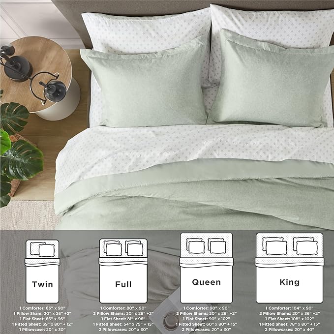 5 Pieces Twin Size Comforter Set with Sheets, Neutral Green Bed in a Bag, Modern Farmhouse Bedding Sets with Comforter, Flat & Fitted Sheet, Pillowcases & Shams - LeafyLoom