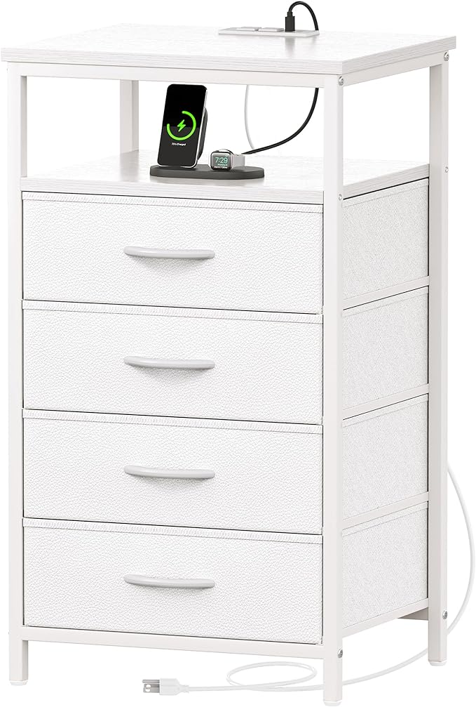 Night Stand with Charging Station, Multiple Drawer Dresser for Bedroom, Bedside Table, Tall Nightstand with PU Leather Finish, Open Shelf, End Table, for Closet, Entryway, Bedroom, White - LeafyLoom