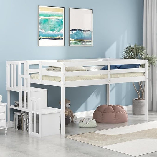 Bellemave Low Loft Bed for Kids,Twin Size Loft Bed with Storage Staircase,Wood Loft Bed Frame for Boys Girls Teens(White) - LeafyLoom