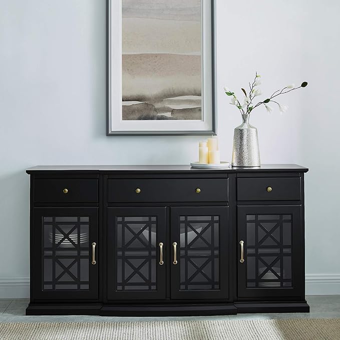 Walker Edison Modern Wood Glass-Buffet-Sideboard Living Entryway Serving Storage Cabinet Doors-Dining Room Console, 60 Inch, Black (AZU60LANFWBL) - LeafyLoom