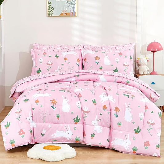 Mooreeke Bed in a Bag for Kids Girls Teens, 5 Pieces Twin Size Comforter Bed Set with Shams, Sheet Set, Rabbit Pink Super Soft Microfiber Kids Comforter Bedding Set - LeafyLoom