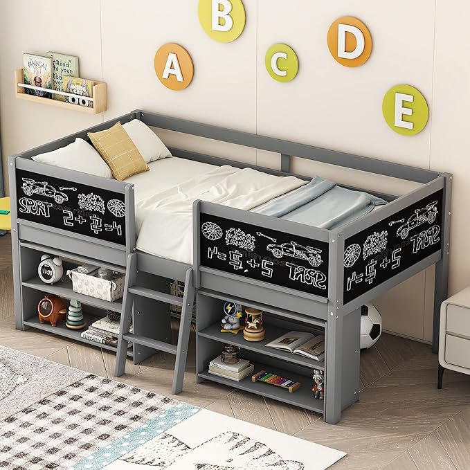 Twin Size Low loft Bed with Movable Shelves for Kids,Kids Low Loft Bed Frame with Guardrail Chalkboard and Storage,Solid Wood Loft Bed Twin for Boys,Girls(Gray) - LeafyLoom