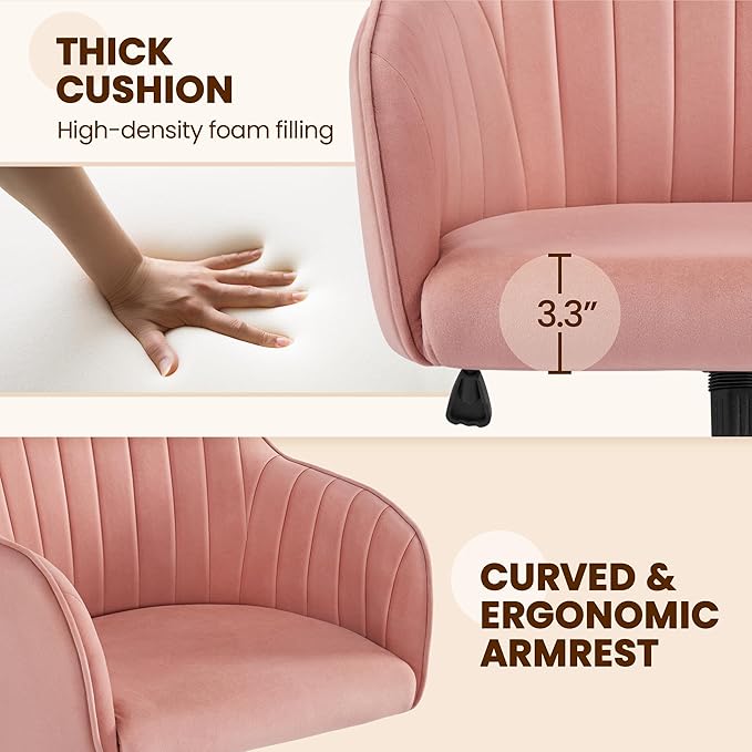 Yaheetech Velvet Vanity Chair Makeup Chair Cute Office Chair Aesthetic Desk Chair Height Adjustable Task Chairs 360° Swivel Computer Chair Living Room Chairs with Arms&Stainless Base Accent Pink - LeafyLoom