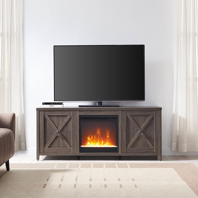 Henn&Hart Rectangular TV Stand with Crystal Fireplace for TV's up to 65" in Alder Brown, Electric Fireplace TV Stands for the Living Room - LeafyLoom