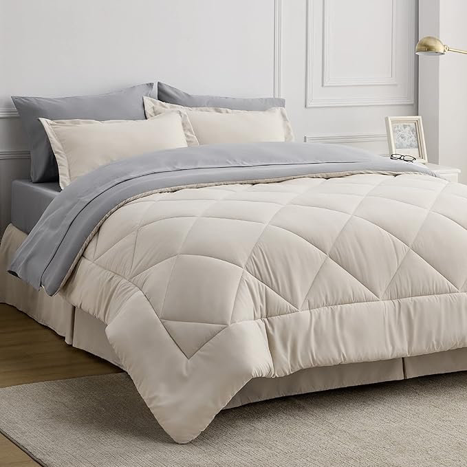 Bedsure Beige Twin XL Comforter Sets - 5 Pieces Reversible Twin XL Bedding Sets, Bed Sets Comforters, Sheets, Pillowcase & Sham, Grey XL Twin Bed in a Bag for College - LeafyLoom