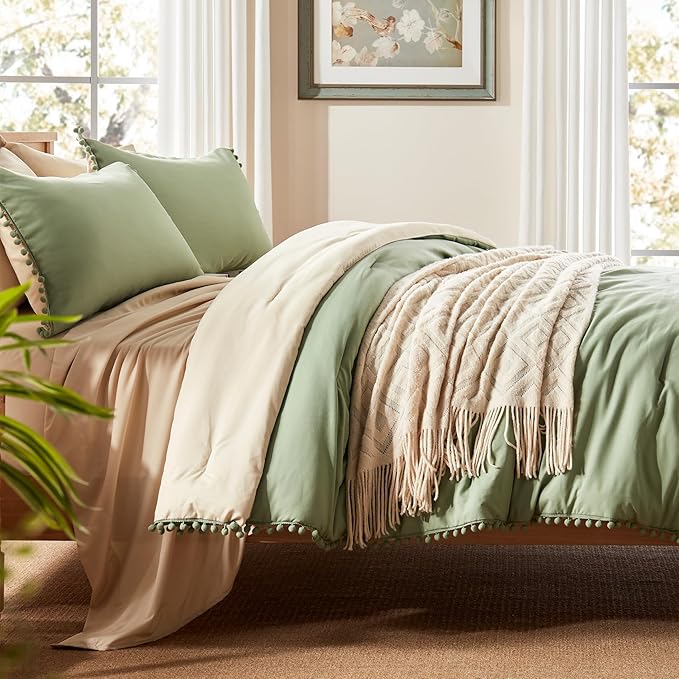 Anluoer Queen Comforter Set 7 Piece, Sage Green Bed in a Bag with Sheets, Pom Pom Boho Bedding Comforter Sets with 1 Comforter, 2 Pillow Shams, 2 Pillowcases, 1 Flat Sheet, 1 Fitted Sheet - LeafyLoom