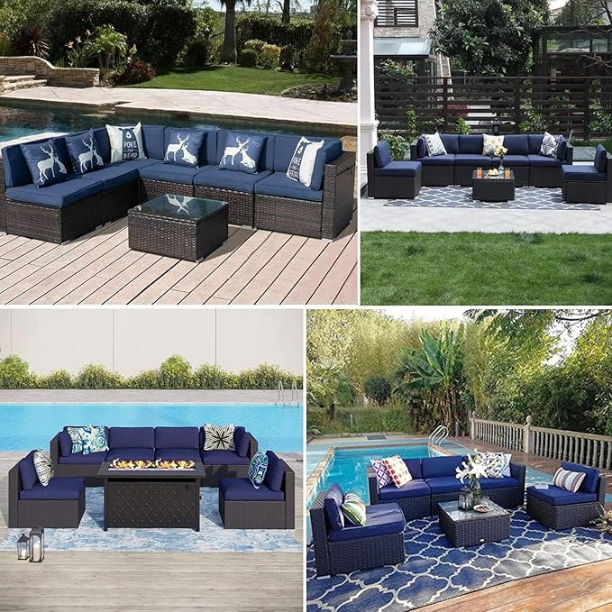 ClawsCover 14Pack Outdoor Patio Seat and Back Cushions Replacement Covers Fit for 7Pieces 6-Seater Wicker Rattan Sectional Couch Chair Furniture Set,Navy-Include Cover Only (Small) - LeafyLoom