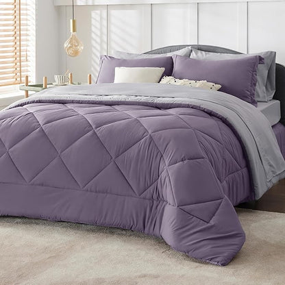 Bedsure Grayish Purple California King Size Comforter Set - 7 Pieces Reversible Cal King Bed in a Bag, Cal King Grayish Purple and Grey Bed Set with Comforters, Sheets, Pillowcases & Shams - LeafyLoom