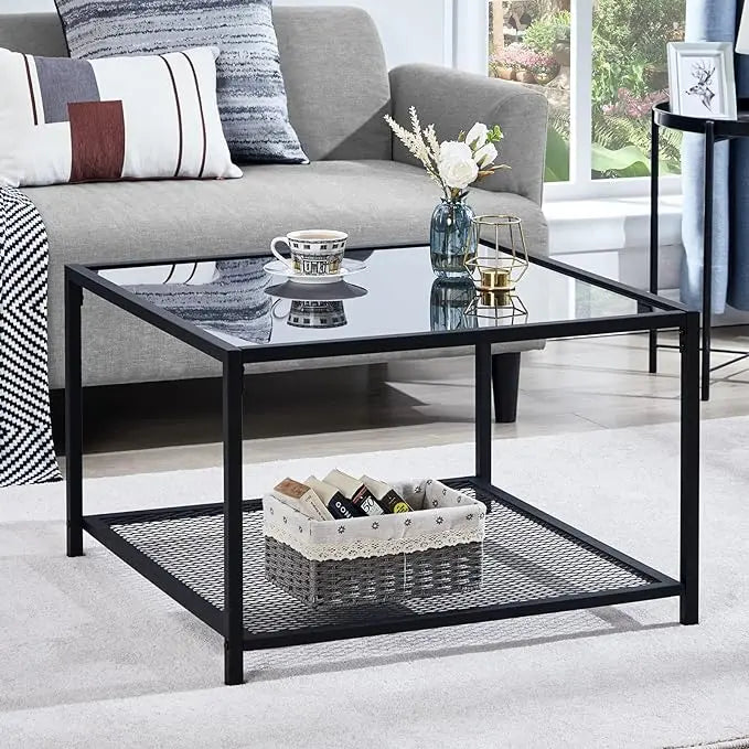 SAYGOER Coffee Table with Storage Modern Glass Coffee Tables Square Industrial Simple Center Table for Living Room Home Office Small Space 27.6 x 27.6 x 17.7 Inches Easy Assembly Gray Black - LeafyLoom