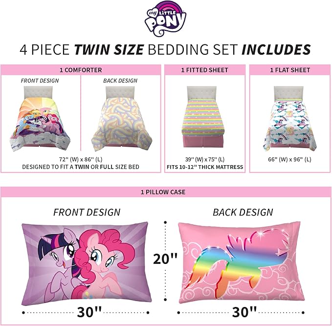 Franco Kids Bedding Super Soft Microfiber Comforter and Sheet Set, 4 Piece Twin Size, My Little Pony - LeafyLoom