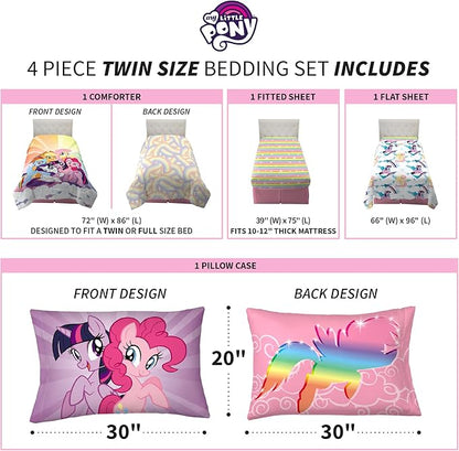 Franco Kids Bedding Super Soft Microfiber Comforter and Sheet Set, 4 Piece Twin Size, My Little Pony - LeafyLoom