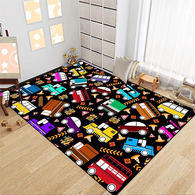 Car Rug Play Mat Kids Rugs for Playroom Car Rug for Boys Room Kids Mat Construction Play Mat Car Play Rug Car Carpet for Kids Carpet for Bedroom Truck Rugs for Boys Room,Black 3'×4' - LeafyLoom