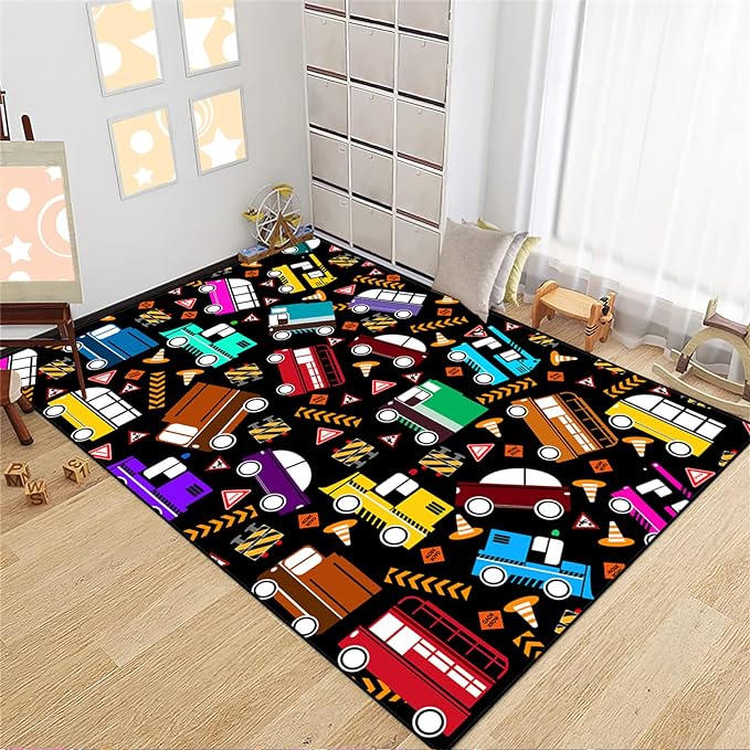 Car Rug Play Mat Kids Rugs for Playroom Car Rug for Boys Room Kids Mat Construction Play Mat Car Play Rug Car Carpet for Kids Carpet for Bedroom Truck Rugs for Boys Room,Black 5'×7' - LeafyLoom