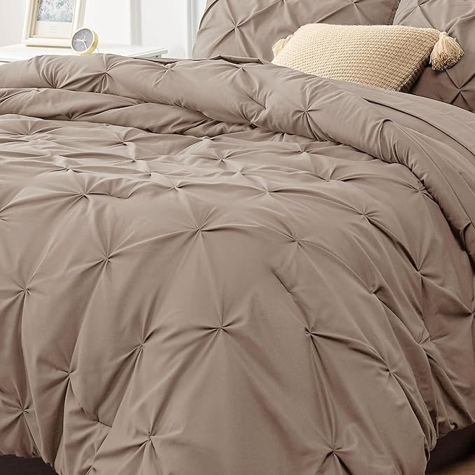 Bedsure California King Comforter Set Khaki - Cal King Bed Set 7 Pieces, Pinch Pleat Cali King Bedding Set with Comforter, Sheets, Pillowcases & Shams - LeafyLoom