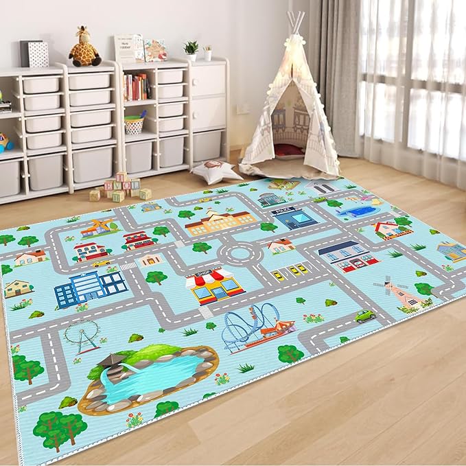 Kids Car Rug, 5x7 City Life Traffic Road Playmat for Toy Cars Trains, Non-Slip Race Track Carpet Educational Fun Area Rugs for Boy and Girl Bedroom Nursery - LeafyLoom