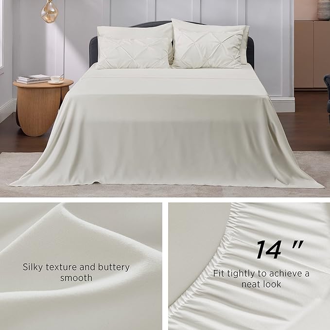 Bedsure King Size Comforter Set - Bedding Set King 7 Pieces, Pintuck Bed in a Bag Ivory Bed Set with Comforter, Sheets, Pillowcases & Shams - LeafyLoom