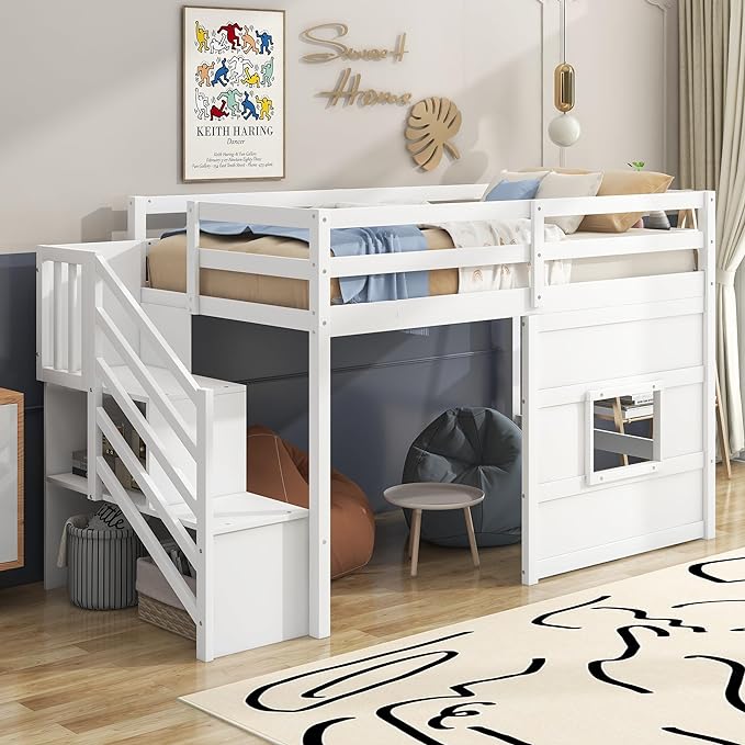 Twin Size Low Loft Bed with Storage Staircase,Kids Loft Bed Twin with Window,Space-Saving Low Loft Bed Frame for for Teens, Boys, Girls,White - LeafyLoom