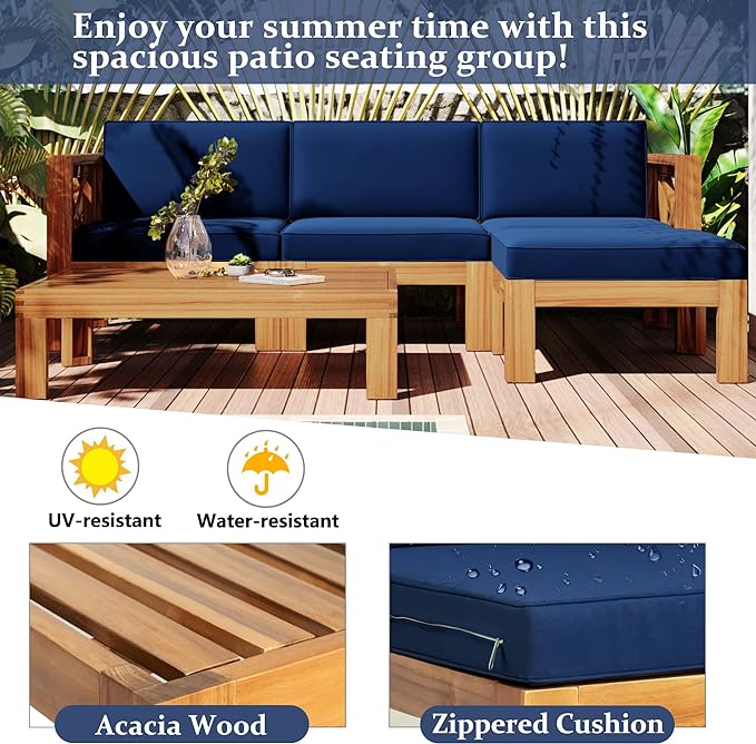 5-Piece Outdoor Patio Furniture Sectional Sets, Wooden L-shaped Corner Sofa Seating with Tea Table and Removable, Backyard Gardern Deck, Natural Finish+ Blue Cushions - LeafyLoom