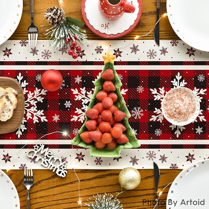 Artoid Mode Buffalo Plaid Snowflakes Christmas Table Runner, Seasonal Winter Kitchen Dining Table Decoration for Home Party Decor 13x60 Inch ArtoidMode