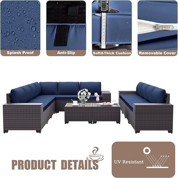 Patio Furniture Set Sofa 12-Pieces Wicker Sectional Sofa Set, Outdoor Furniture Rattan Patio Conversation Set with Thickened Cushions and Glass Coffee Table, Navy Blue - LeafyLoom