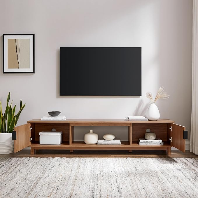 Walker Edison Walton Modern Fluted-Door Low Stand for TVs up to 80 Inches, 70 x 15.75 x 16 inches, Mocha - LeafyLoom