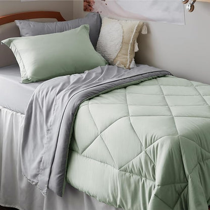 Bedsure Sage Green Twin XL Comforter Sets - 5 Pieces Reversible Twin XL Bedding Sets, Bed Sets Comforters, Sheets, Pillowcase & Sham, Grey XL Twin Bed in a Bag for College - LeafyLoom