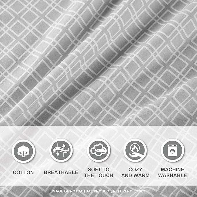 Comfort Spaces Cotton Flannel Breathable Warm Deep Pocket Sheets with Pillow Case Bedding, Full, Grey Geo 4 Piece - LeafyLoom