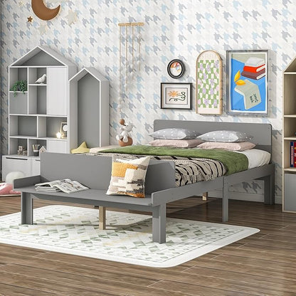 Full Bed with Footboard Bench, Full Kid Bed with Headboard, Wood Slat Support, Cute Kid Bed Frame with Book Storage Space, Full Car Bed for Boys Girls Bedroom, No Box Spring Needed, Grey - LeafyLoom