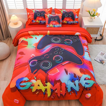 Aimuan Gaming Comforter Sets for Boys Kids Bedding Sets Video Games Console Action Buttons Novelty Colorful Game Gamepad Controller Modern Gamer Room Decor Home Quilt Set (Queen 6 Pcs,Red) - LeafyLoom