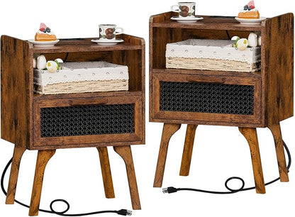 Lerliuo Rattan Nightstands Set of 2 with Charging Station, Boho Side Table with Drawer Open Shelf, Cane Accent Bedside End Table with Solid Wood Legs for Bedroom, Dorm and Small Spaces (Brown) - LeafyLoom