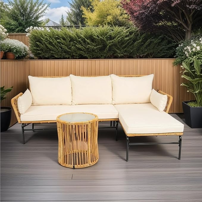 3-Piece Outdoor PE Rattan Furniture Set, Patio Wicker Conversation Loveseat Sofa Sectional Couch with Thick Cushion for Backyard, Deck, Poolside, Zn-Light Yellow - LeafyLoom