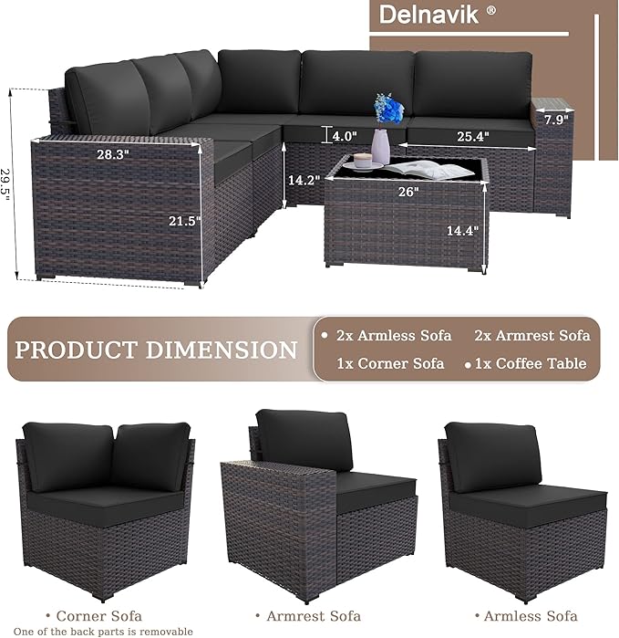 Patio Furniture Set Sofa 6-Pieces Wicker Sectional Sofa Set, Outdoor Furniture Rattan Patio Conversation Set with Thickened Cushion and Glass Coffee Table, Black - LeafyLoom