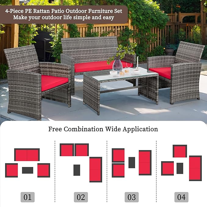 Shintenchi 4-Piece Outdoor Gray Wicker Patio Conversation Furniture Set, Rattan Patio Furniture Set with Weather Resistant Cushions and Tempered Glass Tabletop,Red - LeafyLoom