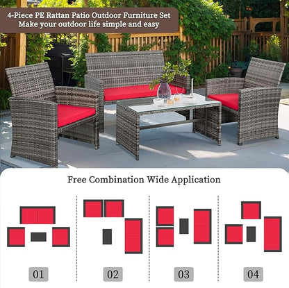 Shintenchi 4-Piece Outdoor Gray Wicker Patio Conversation Furniture Set, Rattan Patio Furniture Set with Weather Resistant Cushions and Tempered Glass Tabletop,Red - LeafyLoom